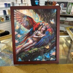 Colorful Parrot & Goddess Art Print in Wooden Frame